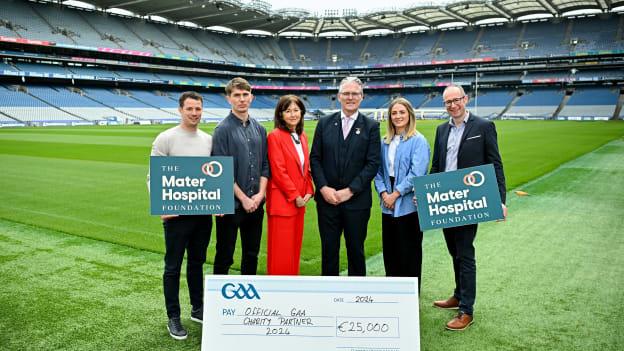 Uachtarán Chumann Lúthchleas Gael Jarlath Burns pictured with Charity partner representatives from The Mater Hospital Foundation - Operations manager Ryan Wylie, Radiology SpR Michael Fitzsimons, Chief Executive Mary Moorhead, Radiographer Siobhan Killeen and Corporate Partnerships Manager John Dwyer.