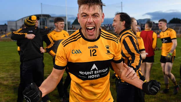 Sean McVeigh of St Eunan's celebrates after the 2021 Donegal County Senior Club Football Championship Final match between St Eunan's and Naomh Conaill at MacCumhaill Park in Ballybofey, Donegal. Photo by Ramsey Cardy/Sportsfile.