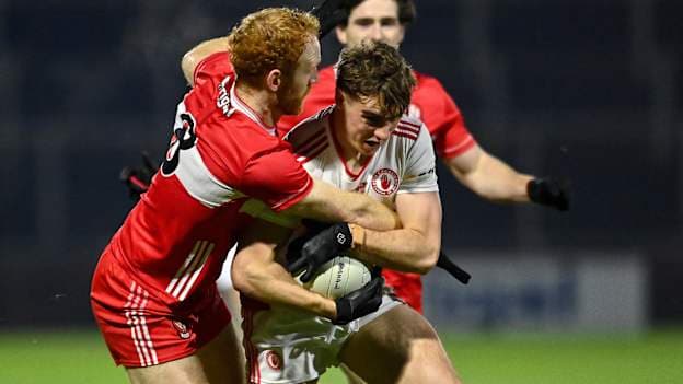 Conor O'Neill of Tyrone in action against Conor Glass of Derry during the Allianz Football League Division 2 match between Derry and Tyrone at Celtic Park in Derry. Photo by Oliver McVeigh/Sportsfile.