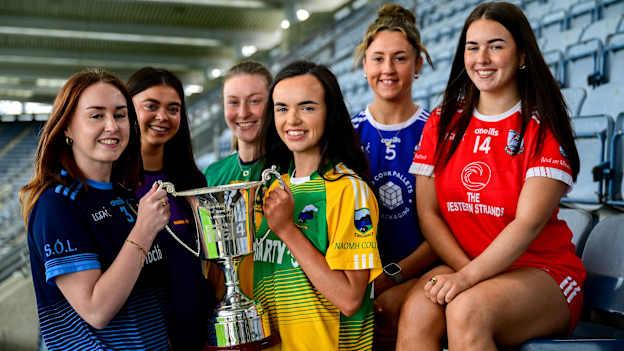 In attendance at the Comórtas Peile na Gaeltachta 2025 National launch at Croke Park in Dublin, are, clockwise from left, Aisling Ní Aogáin of Na Gaeil Óga, Dublin, Labhraín Nic Aoidh of Bhulf Tón, Meath, Ali Sherlock of Clann na nGael, Meath, Louise Ní Dhochartaigh of Naomh Columba, Donegal, Saoirse Ní Bhriain of Naomh Abán, Cork, Clíona Ní Mhuirithe of Béal an Mhuirthead, Mayo. Photo by Brendan Moran/Sportsfile.