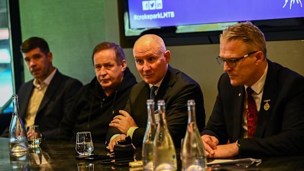 GAA Football Review Committee members Eamonn Fitzmaurice, Colm Collins, and chairperson Jim Gavin with GAA President Jarlath Burns during a media briefing after Special Congress 2024 at Croke Park. Photo by Piaras Ó Mídheach/Sportsfile