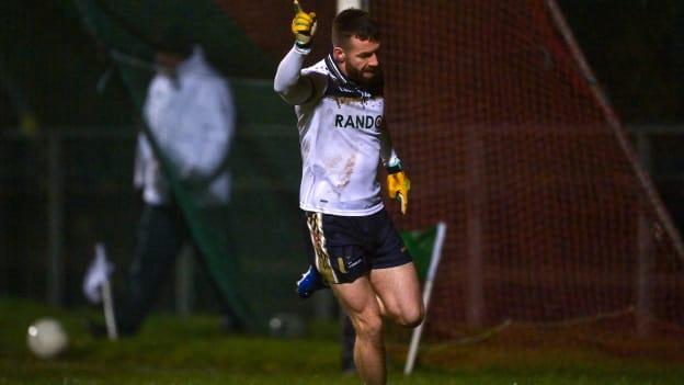 Niall Loughlin of Ulster University celebrates after scoring his side's first goal during the Electric Ireland Higher Education GAA Sigerson Cup semi-final match between Ulster University and Maynooth University at Inniskeen Grattans in Monaghan. Photo by Stephen Marken/Sportsfile.