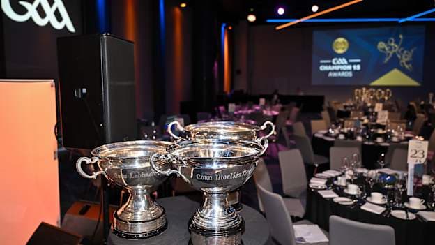 A general view of Lory Meagher, Nicky Rackard and Christy Ring cups at the GAA Champion 15 Awards ceremony at Croke Park in Dublin. Photo by Sam Barnes/Sportsfile.