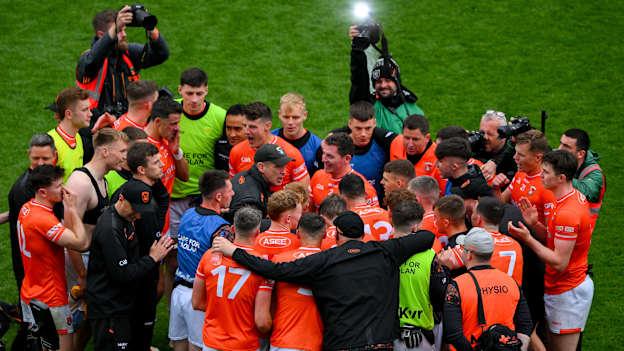 Kieran McGeeney addresses the Armagh players following Saturday's All-Ireland SFC Quarter-Final win over Roscommon at Croke Park. Photo by Ray McManus/Sportsfile