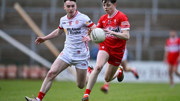Shea McCann, Derry, and Eoin McElholm, Tyrone, in EirGrid Ulster U20 Football Final action. Photo by Ben McShane/Sportsfile