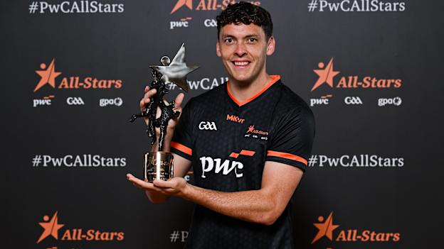 Kerry's David Clifford with his PwC GAA/GPA Footballer of the Year Award. Photo by Brendan Moran/Sportsfile