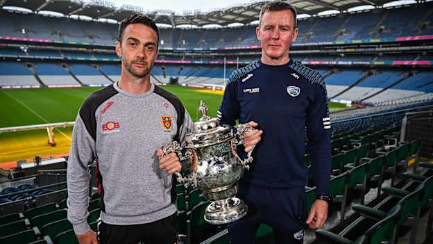 Down manager Conor Laverty, left, and Laois manager Justin McNulty during a Tailteann Cup media day at Croke Park in Dublin. Photo by Harry Murphy/Sportsfile.