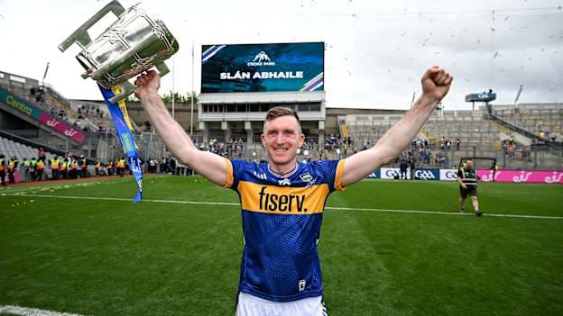 Seamus Kennedy of Tipperary celebrates with the Liam MacCarthy cup after their side's victory in the 2025 GAA Hurling All-Ireland Senior Championship final match between Cork and Tipperary at Croke Park in Dublin. Photo by Stephen McCarthy/Sportsfile.