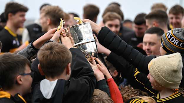 Children from the Dr Crokes club celebrate with the Michael O'Connor cup after the Kerry County Senior Club Football Championship final match between Dr Crokes and Na Gaeil at Austin Stack Park in Tralee, Kerry. Photo by Brendan Moran/Sportsfile.