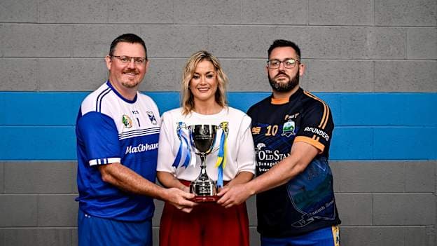 GAA Rounders president Paula Doherty with Intermediate Men's finalists Barry Walsh of St Clare's, Cavan, left, and Kevin Doody of St Senan's, Limerick, at Croke Park for the launch of the upcoming GAA Rounders All-Ireland Competitions finals. Photo by Piaras Ó Mídheach/Sportsfile