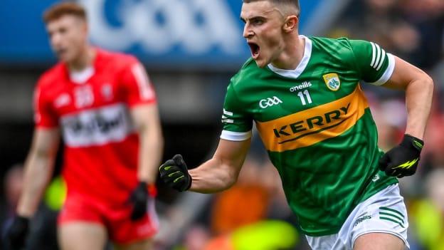 Kerry's Seán O'Shea celebrates after contributing a late score against Derry in the 2023 All-Ireland SFC Semi-Final at Croke Park. Photo by David Fitzgerald/Sportsfile