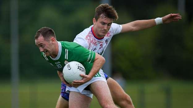 Matthew Joyce of London is tackled by Michael Kerr of USGAA during the GAA Football All-Ireland Junior Championship semi-final match between USGAA and London at the GAA National Centre of Excellence in Abbotstown, Dublin. Photo by Shauna Clinton/Sportsfile.