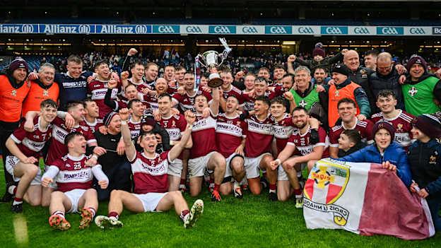 The Crossmolina Deel Rovers players and staff celebrate with the cup after the AIB GAA Football All-Ireland Intermediate Club Championship final match between Ballinderry of Derry and Crossmolina Deel Rovers of Mayo at Croke Park in Dublin. Photo by Tyler Miller/Sportsfile.