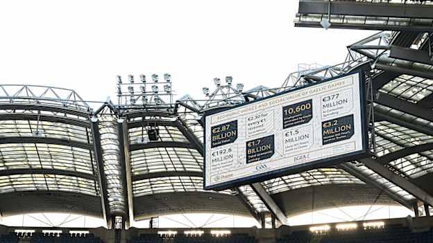 A view of the big screen, displaying statistics from the Economic Impact and Social Value report on Gaelic Games, at Croke Park in Dublin. Photo by Seb Daly/Sportsfile.