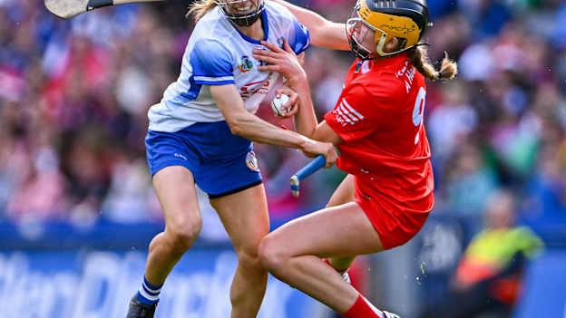Lorraine Bray, Waterford, and Aoife Healy, Cork, in action during the 2023 Glen Dimplex All-Ireland Camogie Championship Final at Croke Park. Photo by Piaras Ó Mídheach/Sportsfile