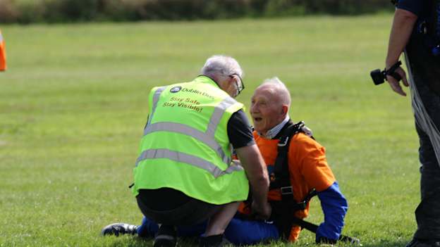 A smiling Eamon Kehoe pictured after his skydive. Photograph courtesy of the Irish parachute club. 