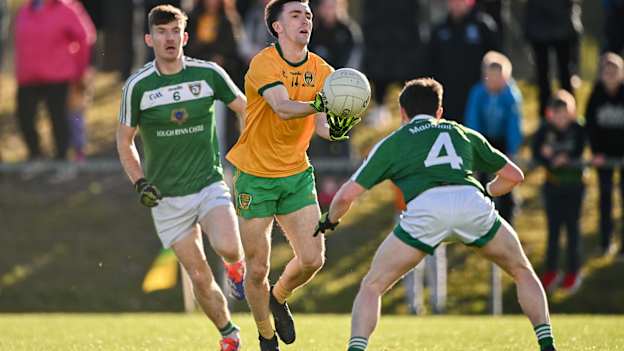 Tom Prior, Ballinamore Sean O'Heslins, and Shane Quinn and Ryan Bohan, Mohill, in Leitrim SFC Final action. Photo by Ben McShane/Sportsfile