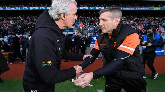 Jim McGuinness and Kieran McGeeney pictured following the Allianz Football League Division Two Final at Croke Park. Photo by Ramsey Cardy/Sportsfile
