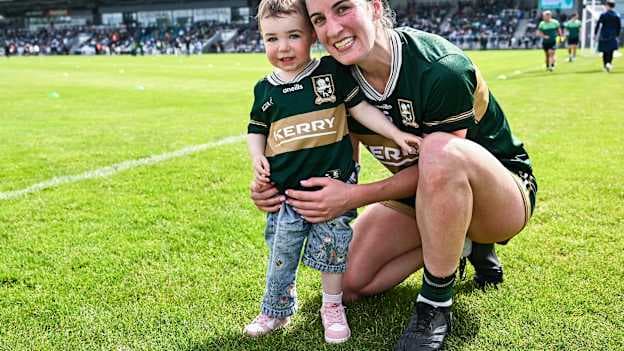 Player of the Match Emma Costello of Kerry with her daughter Mollie, aged 21 months, after the TG4 All-Ireland Senior Championship round 2 match between Kildare and Kerry at Cedral St Conleth's Park in Newbridge, Kildare. Photo by Piaras Ó Mídheach/Sportsfile.