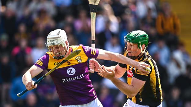 Liam Ryan of Wexford is tackled by Eoin Cody of Kilkenny during the 2023 Leinster GAA Hurling Senior Championship Round 5 match between Wexford and Kilkenny at Chadwicks Wexford Park in Wexford. Photo by Eóin Noonan/Sportsfile. 