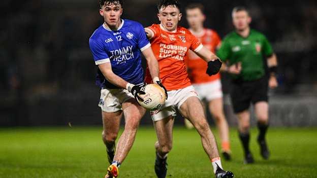 Callum O’Neill, Clan na Gael, and Emmet Magee, Clann Éireann, in Armagh SFC Final action. Photo by Ramsey Cardy/Sportsfile