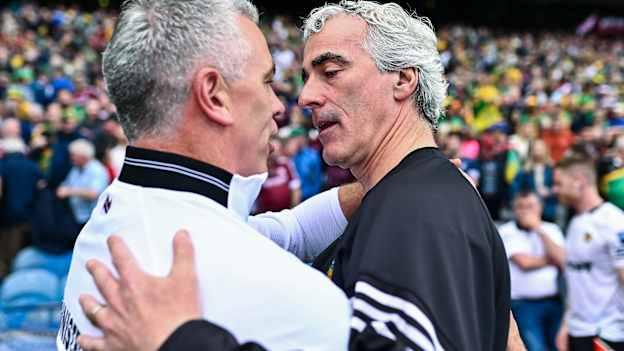 Pádraic Joyce and Jim McGuinness embrace following Galway's 2024 All-Ireland SFC Semi-Final win over Donegal at Crke Park. Photo by Piaras Ó Mídheach/Sportsfile