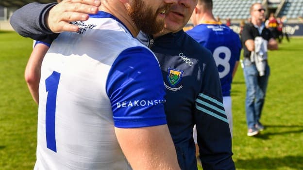 Wicklow goalkeeper Mark Jackson and manager Oisín McConville celebrate at Parnell Park. Photo by Daire Brennan/Sportsfile   