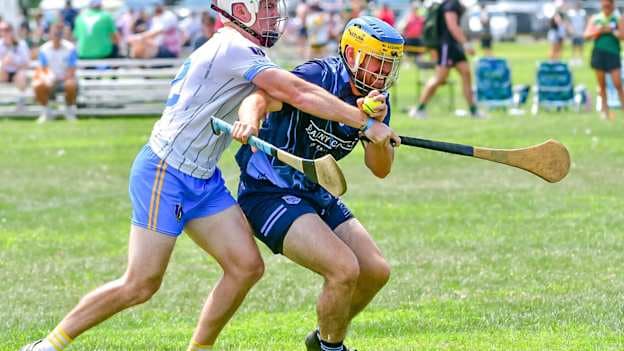 Hurling action from the 2025 USGAA Finals. 