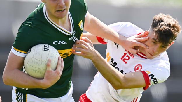 Charlie Keating of Kerry in action against Gavin Potter of Tyrone during the EirGrid GAA Football All-Ireland U20 Championship final match between Kerry and Tyrone at Laois Hire O’Moore Park in Portlaoise, Laois. Photo by Harry Murphy/Sportsfile.