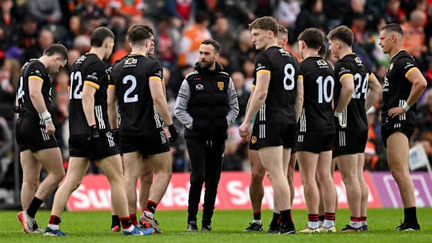 Down manager Conor Laverty speaks to his players at the start of the second half of the Ulster GAA Football Senior Championship semi-final match between Armagh and Down at St Tiernach's Park in Clones, Monaghan. Photo by Ramsey Cardy/Sportsfile.