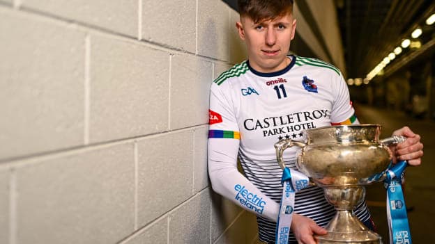 University of Limerick hurler Gearóid O'Connor poses for a portrait with the Fitzgibbon Cup before the draw for the Electric Ireland GAA Higher Education Championships at Croke Park in Dublin. Photo by Piaras Ó Mídheach/Sportsfile.