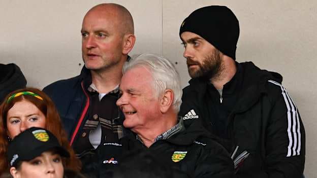 Down manager Conor Laverty, right, and coach Ciaran Meenagh watch on during the Ulster GAA Football Senior Championship quarter-final match between Monaghan and Donegal at St Tiernach's Park in Clones, Monaghan. Photo by Ramsey Cardy/Sportsfile.