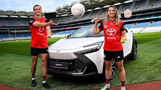 Galway footballer and Toyota ambassador John Maher and Dublin Camogie captain and Toyota ambassador Aisling Maher with the Toyota C-HR Hybrid. Under this new three-year agreement, Toyota becomes the Official Car Partner to these sporting organisations and reflects Toyota’s continued commitment to supporting Irish sport and communities across the country. Photo by Seb Daly/Sportsfile