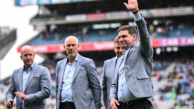 Former Galway footballer Paul Clancy waves to the crowd as part of the 1998 Jubilee Team at the 2023 All-Ireland SFC Final. Photo by Ramsey Cardy/Sportsfile