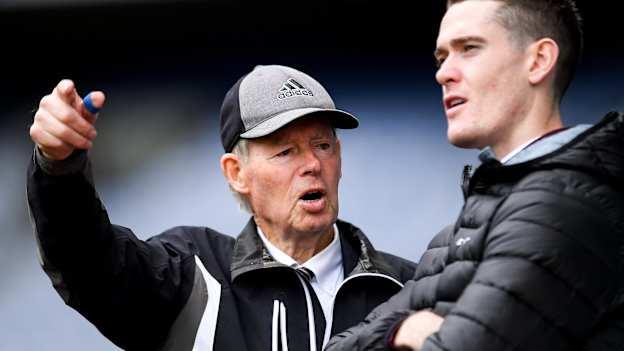 Legendary GAA commentator Mícheál Ó Muircheartaigh and Dublin footballer Brian Fenton look on during the Corn Mícheál Ó Muircheartaigh Final between Pope John Paul II NS, Malahide, and Scoil Assaim BNS, Raheny, of which Fenton is a former pupil, which ended in a draw, during day two of the Allianz Cumann na mBunscol Finals at Croke Park in Dublin. 