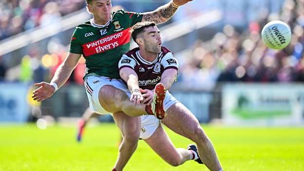 Jordan Flynn of Mayo in action against Seán Ó Maoilchiaráin of Galway during the Connacht GAA Football Senior Championship final match between Mayo and Galway at Hastings Insurance MacHale Park in Castlebar, Mayo. Photo by Seb Daly/Sportsfile.