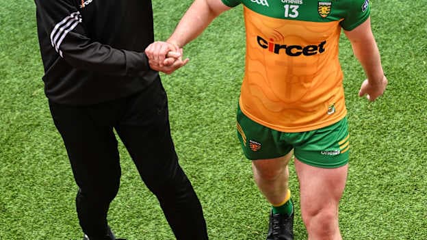 Donegal manager Jim McGuinness shakes hands with team captain Patrick McBrearty after he was substituted during the GAA Football All-Ireland Senior Championship semi-final match between Donegal and Galway at Croke Park in Dublin. Photo by Daire Brennan/Sportsfile.
