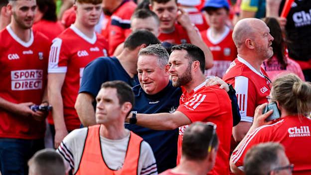 Cork manager Pat Ryan celebrates with supporters after the Munster GAA Hurling Senior Championship Round 4 match between Tipperary and Cork at FBD Semple Stadium in Thurles, Tipperary. Photo by Daire Brennan/Sportsfile