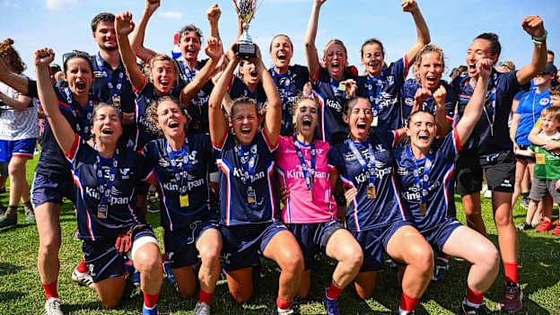 France A players celebrate after their side's victory in the International LGFA Division 1 Cup match between France A and San Francisco Fog City Harps White on day five of the oneills.com GAA World Games 2026 at Azzurri Walsh Park in Waterford. Photo by Shauna Clinton/Sportsfile