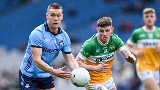 Con O'Callaghan, Dublin, and Dylan Hyland, Offaly, in Leinster SFC action at Croke Park. Photo by Piaras Ó Mídheach/Sportsfile