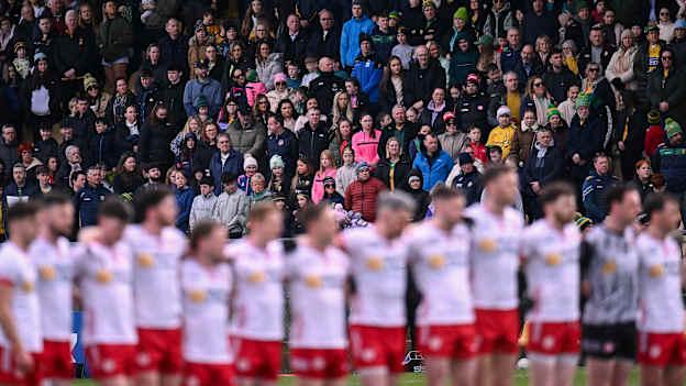 Supporters and the Tyrone team stand for Amhrán na bhFiann before the Allianz Football League Division 1 match between Donegal and Tyrone at O’Donnell Park in Letterkenny, Donegal. Photo by Piaras Ó Mídheach/Sportsfile.