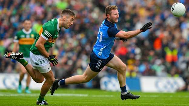 Jack McCaffrey of Dublin races clear of Adrian Spillane of Kerry during the 2023 GAA Football All-Ireland Senior Championship final match between Dublin and Kerry at Croke Park in Dublin. Photo by Ray McManus/Sportsfile.