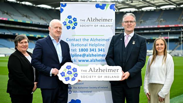 Uachtarán Chumann Lúthchleas Gael Jarlath Burns pictured with Charity partner representatives from Alzheimer's Society of Ireland, National Community Engagement Manager Cathryn O'Leary, Chief Executive Andy Heffernan and Corporate Fundraiser Kerri-ann Warren.