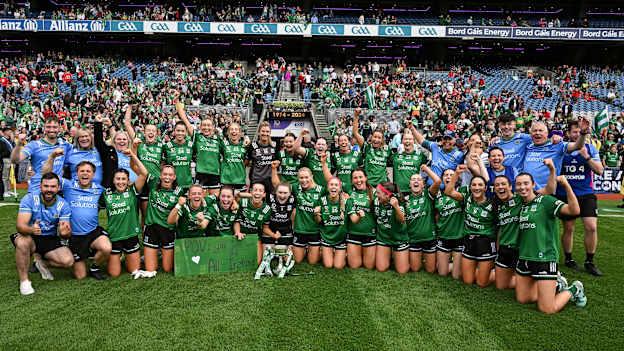 The Fermanagh captain, players and officials celebrate after the TG4 All-Ireland Ladies Junior Football Championship final match between Fermanagh and Louth at Croke Park, Dublin. Photo by Ray McManus/Sportsfile.