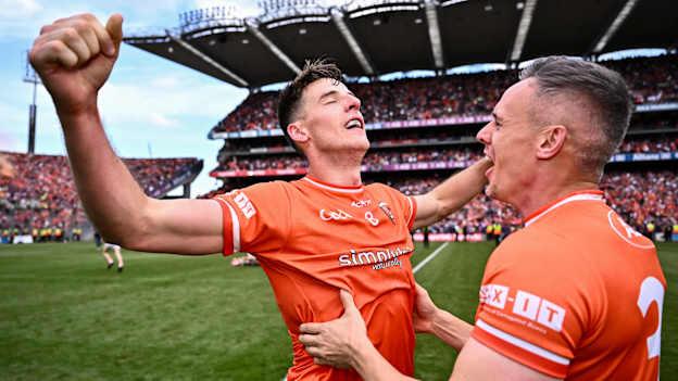 Armagh players Mark Shields, right, and Niall Grimley celebrate after their side's victory in the GAA Football All-Ireland Senior Championship Final match between Armagh and Galway at Croke Park in Dublin. Photo by Piaras Ó Mídheach/Sportsfile.