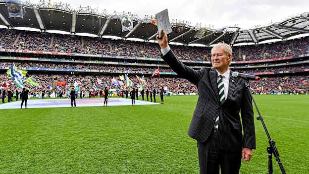 Mícheál Ó Muircheartaigh waves to the crowd after a reading during the Laochra entertainment performance after the 2016 Allianz Football League Final at Croke Park in Dublin. Photo by Brendan Moran/Sportsfile