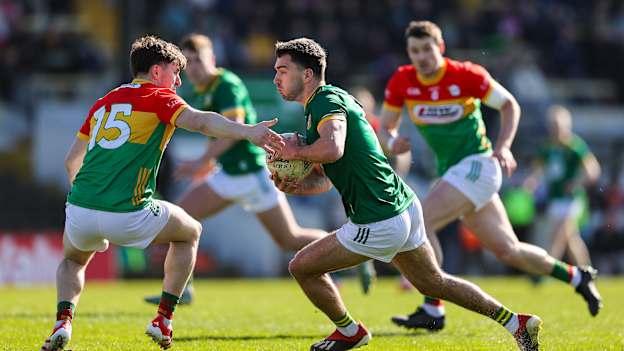Ciarán Caulfield of Meath in action against Conor Crowley of Carlow during the Leinster GAA Football Senior Championship round one match between Meath and Carlow at Pairc Tailteann in Navan, Meath. Photo by Thomas Flinkow/Sportsfile.