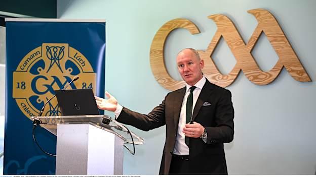 GAA Football Review Committee chairperson Jim Gavin speaking during a briefing of the GAA Football Review Committee at Croke Park in Dublin. Photo by Seb Daly/Sportsfile