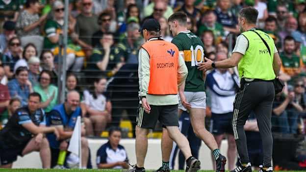 Diarmuid O'Connor of Kerry leaves the pitch with an injury during the GAA Football All-Ireland Senior Championship preliminary quarter-final match between Kerry and Cavan at Fitzgerald Stadium in Killarney, Kerry. Photo by Brendan Moran/Sportsfile.