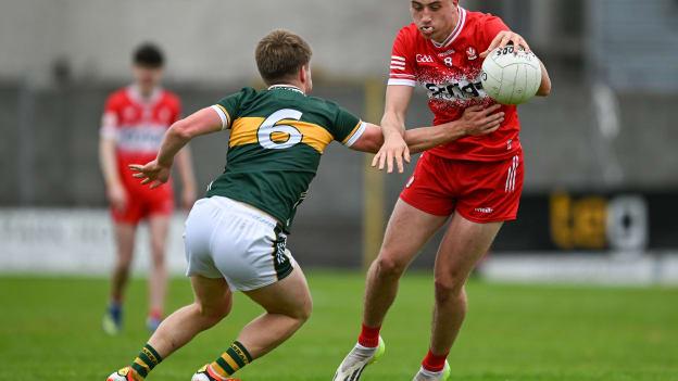 James Sargent, Derry, and Aodhna Ó Beaglaoich, Kerry, in Electric Ireland MFC action. Photo by Brendan Moran/Sportsfile